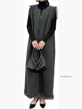 Lace Trim Notched V Neck Sleeveless Loose Maxi Dress Fall Layering